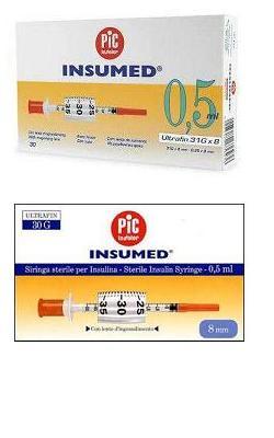 SIRINGA PER INSULINA PIC INSUMED 0,5 ML 100 UI AGO GAUGE 30 LUNGHEZZA 8 MM SENZA SPAZIO MORTO 3 SACCHETTI DA 10 PEZZI - Farmamood