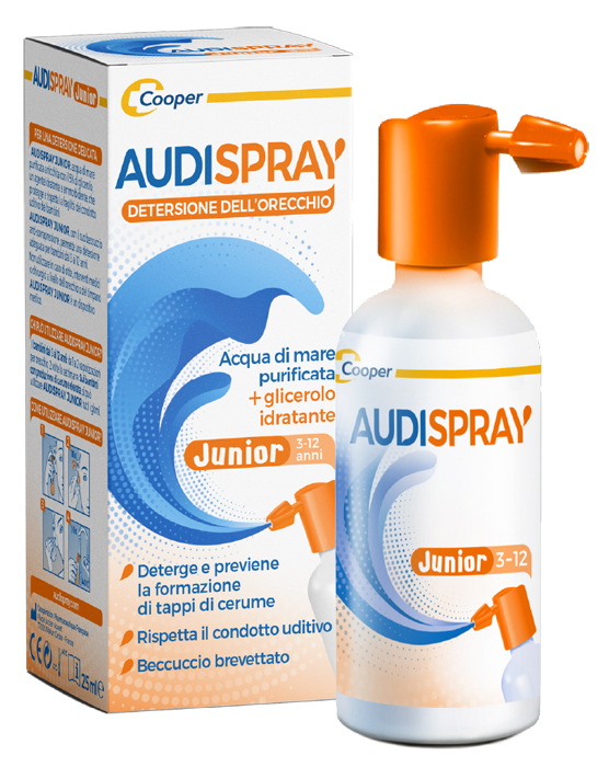 AUDISPRAY JUNIOR 3-12 ANNI SOLUZIONE DI ACQUA DI MARE IPERTONICA SPRAY SENZA GAS IGIENE ORECCHIO 25ML - Farmamood