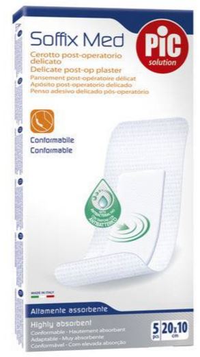 CEROTTO PIC SOFFIX MED IN TNT CON TAMPONE CENTRALE ASSORBENTE STERILE MONOUSO 10X20 CM ANTIBATTERICO 5 PEZZI - Farmamood
