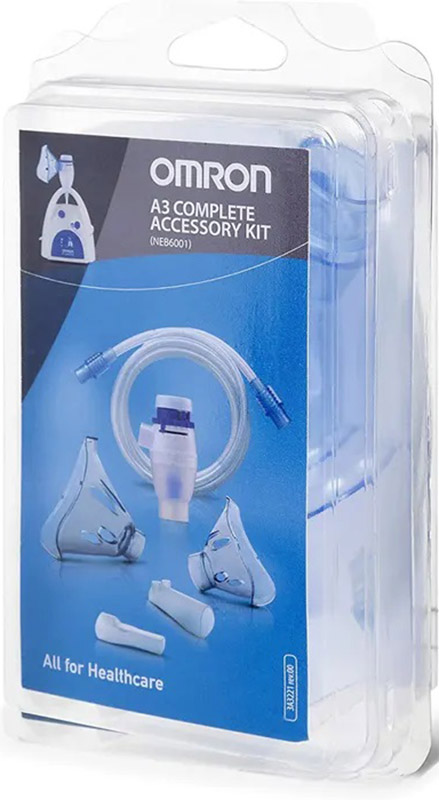OMRON A3 COMPLETE KIT RICAMBIO AMPOLLA REGOLABILE + TUBO + MASCHERINA PEDIATRICA + MASCHERINA ADULTI + FORCELLE NASALI + BOCCAGLIO - Farmamood