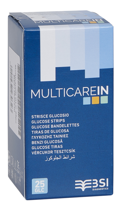 STRISCE MISURAZIONE GLICEMIA MULTICARE IN GLUCOSIO ELETTRODO 25 PEZZI - Farmamood