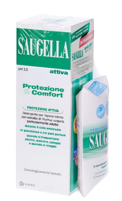SAUGELLA PROTEZIONE&COMFORT BUNDLE 1 ATTIVA 250 ML + 3 ASSORBENTI INTERNI REGULAR IN OMAGGIO + GADGET STICKERS MOTIVAZIONALI - Farmamood
