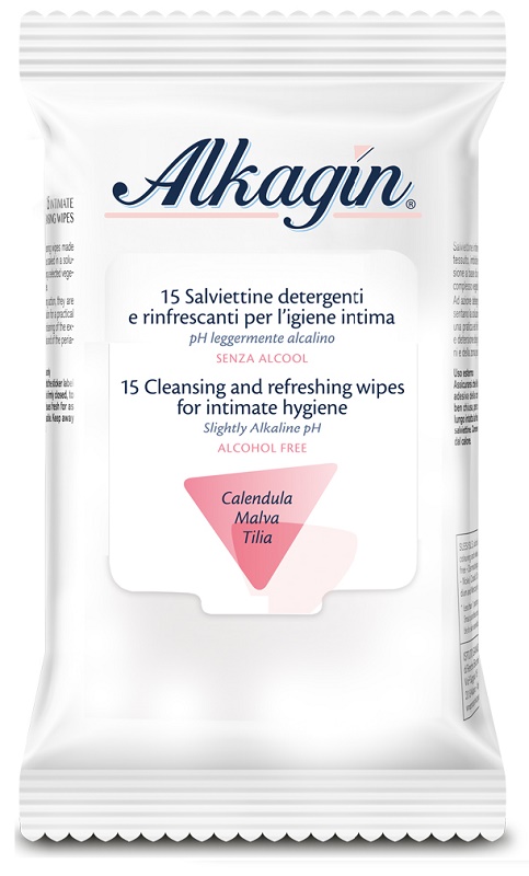 ALKAGIN SALVIETTINE DETERGENTI E RINFRESCANTI PER L'IGIENE INTIMA PH LEGGERMENTE ALCALINO SENZA ALCOOL 15 PEZZI CALENDULA MALVA E TILIA - Farmamood