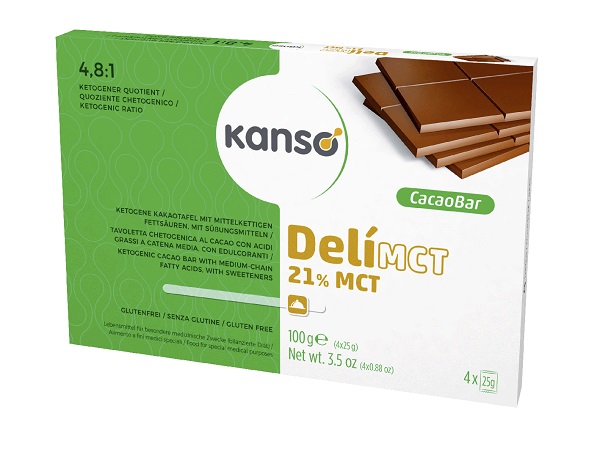 KANSO DELIMCT CACAO BAR 21% TAVOLETTA CHETOGENICA AL CACAO CON ACIDI GRASSI A CATENA MEDIA 4 MONOPORZIONI DA 25 G - Farmamood