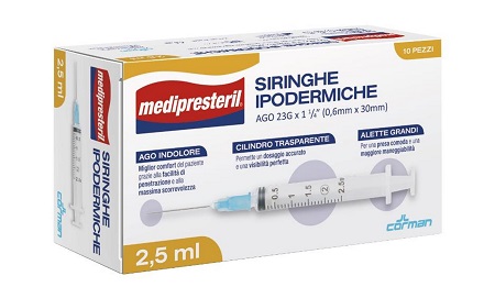 SIRINGA IPODERMICA MEDIPRESTERIL AGO 23 GAUGE 1 1/4 0,6X30MM 2,5 ML 10 PEZZI - Farmamood