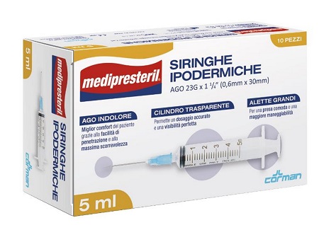 SIRINGA IPODERMICA MEDIPRESTERIL AGO 23 GAUGE 1 1/4 0,5X30MM 5 ML 10 PEZZI - Farmamood