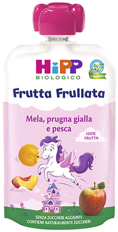 HIPP BIO FRUTTA FRULLATA UNICORNO MELA PRUGNA GIALLA PESCA 90 G - Farmamood