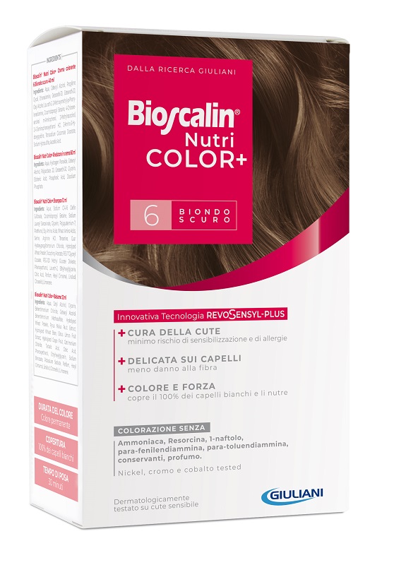 BIOSCALIN NUTRICOLOR PLUS 6 BIONDO SCURO CREMA COLORANTE 40 ML + RIVELATORE CREMA 60 ML + SHAMPOO 12 ML + TRATTAMENTO FINALE BALSAMO 12 ML - Farmamood