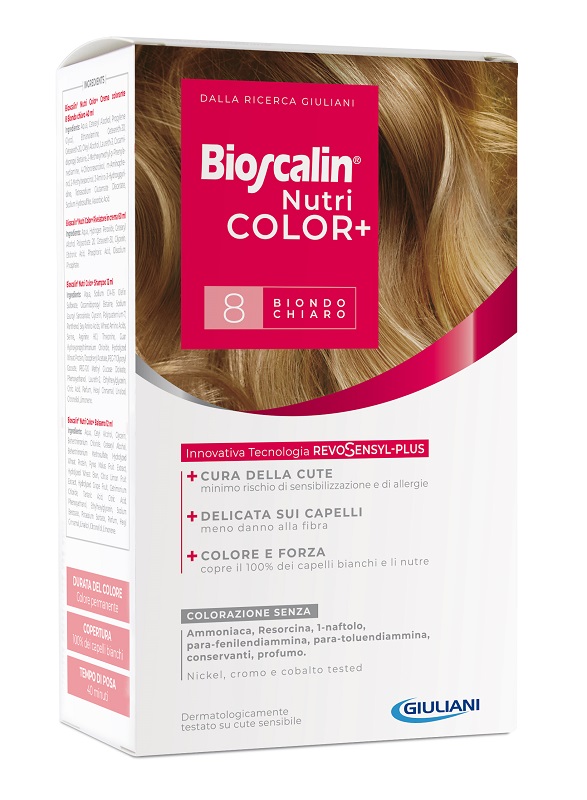 BIOSCALIN NUTRICOLOR PLUS 8 BIONDO CHIARO CREMA COLORANTE 40 ML + RIVELATORE CREMA 60 ML + SHAMPOO 12 ML + TRATTAMENTO FINALE BALSAMO 12 ML - Farmamood