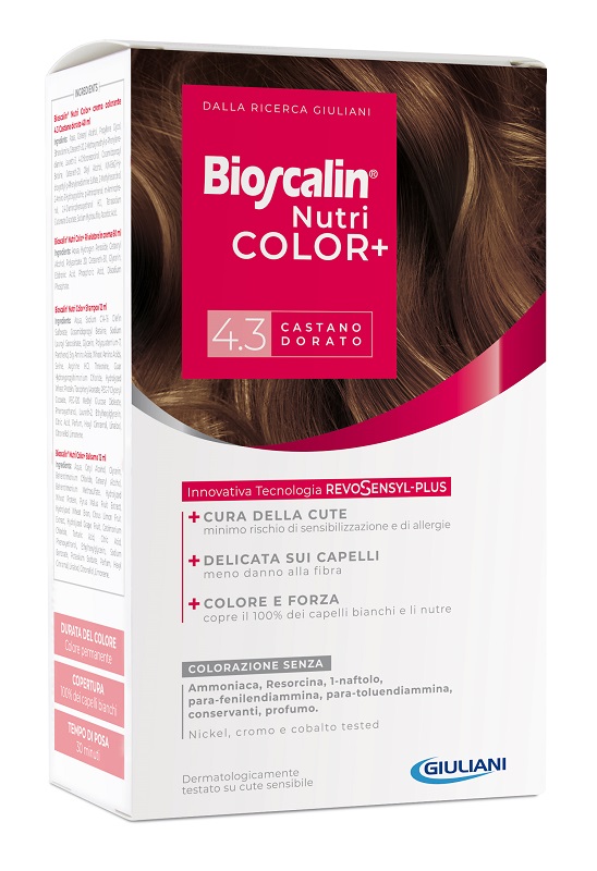 BIOSCALIN NUTRICOLOR PLUS 4,3 CASTANO DORATO CREMA COLORANTE 40 ML + RIVELATORE CREMA 60 ML + SHAMPOO 12 ML + TRATTAMENTO FINALE BALSAMO 12 ML - Farmamood