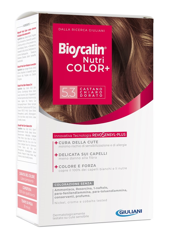 BIOSCALIN NUTRICOLOR PLUS 5,3 CASTANO CHIARO DORATO CREMA COLORANTE 40 ML + RIVELATORE CREMA 60 ML + SHAMPOO 12 ML + TRATTAMENTO FINALE BALSAMO 12 ML - Farmamood