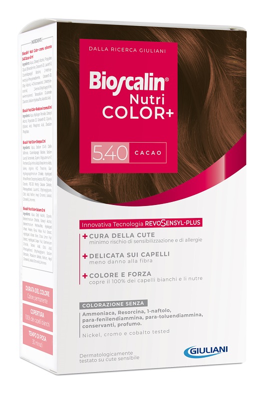 BIOSCALIN NUTRICOLOR PLUS 5,40 CACAO CREMA COLORANTE 40 ML + RIVELATORE CREMA 60 ML + SHAMPOO 12 ML + TRATTAMENTO FINALE BALSAMO 12 ML - Farmamood