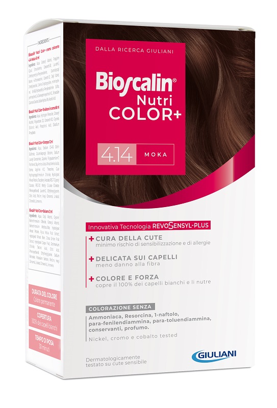 BIOSCALIN NUTRICOLOR PLUS 4,14 MOKA CREMA COLORANTE 40 ML + RIVELATORE CREMA 60 ML + SHAMPOO 12 ML + TRATTAMENTO FINALE BALSAMO 12 ML - Farmamood