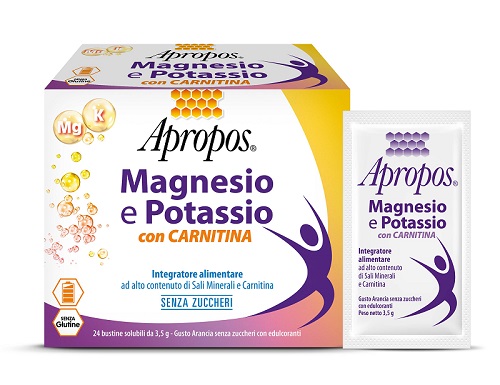APROPOS MAGNESIO E POTASSIO CON CARNITINA 24 BUSTINE SOLUBILI DA 3,5 G GUSTO ARANCIA SENZA ZUCCHERI - Farmamood