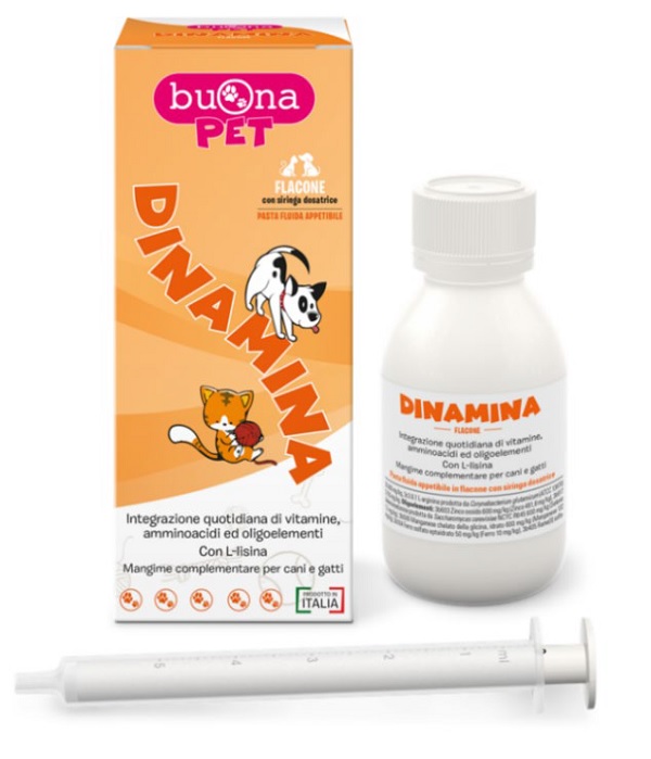 DINAMINA MANGIME COMPLEMENTARE CANI GATTI FLACONE CON SIRINGA DOSATRICE IN PASTA 60 G BUONAPET - Farmamood