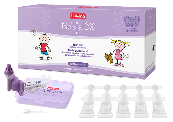 NEBIAL 3% KIT 20 FLACONCINI MONODOSE 5ML SOLUZIONE IPERTONICA CON ACIDO IALURONICO + NEBULIZZATORE SPRAY-SOL - Farmamood