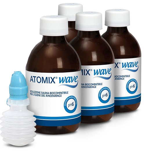 ATOMIX WAVE DISPOSITIVO PER IGIENE RINOFARINGEA ATOMIX SOLUZIONE SALINA 4 FLACONI DA 250 ML - Farmamood