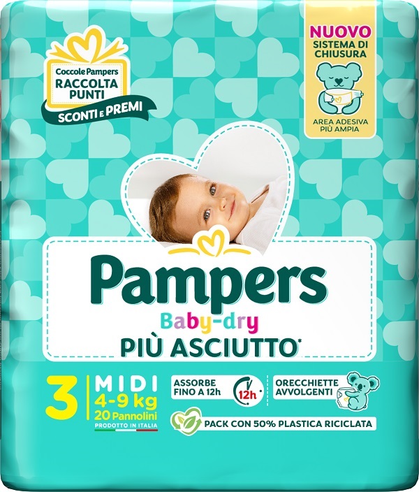PAMPERS BABY DRY PANNOLINO DOWNCOUNT MIDI 20 PEZZI - Farmamood