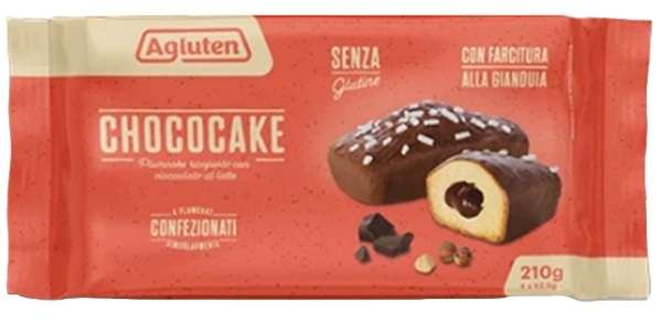 AGLUTEN CHOCOCAKE 4 PLUMCAKE RICOPERTI CON CIOCCOLATO AL LATTE CON FARCITURA ALLA GIANDUIA DA 52,5G - Farmamood